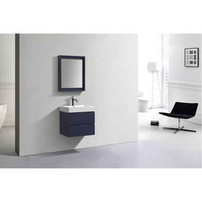 KubeBath Bliss 24" Blue Wall-Mounted Modern Bathroom Vanity With Single Integrated Acrylic Sink With Overflow and 24" White Framed Mirror With Shelf