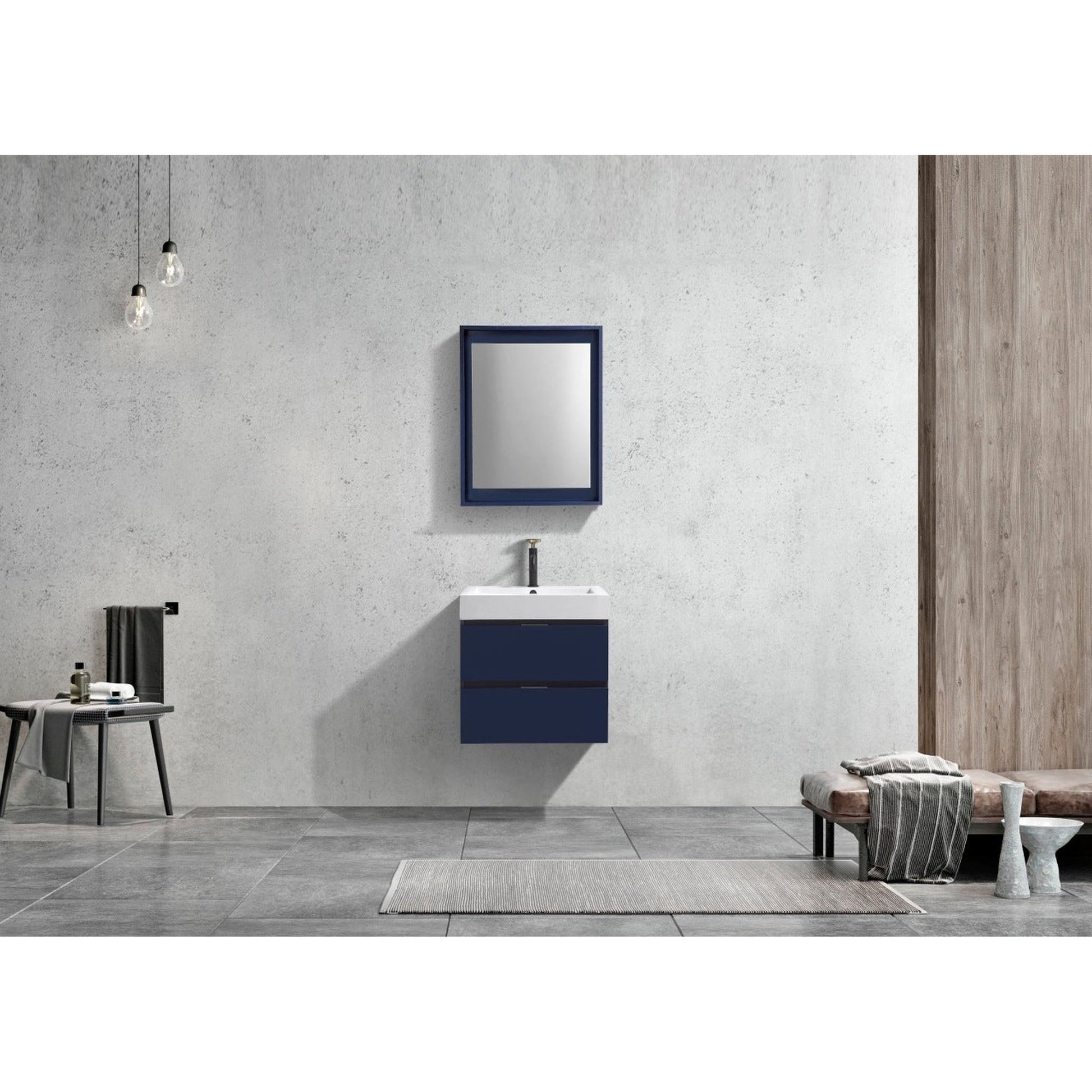 KubeBath Bliss 24" Blue Wall-Mounted Modern Bathroom Vanity With Single Integrated Acrylic Sink With Overflow and 24" White Framed Mirror With Shelf
