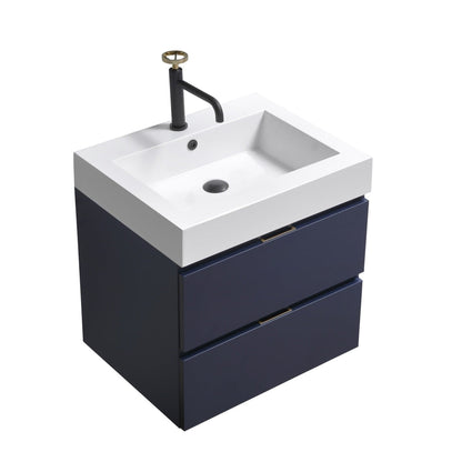 KubeBath Bliss 24" Blue Wall-Mounted Modern Bathroom Vanity With Single Integrated Acrylic Sink With Overflow and 24" White Framed Mirror With Shelf