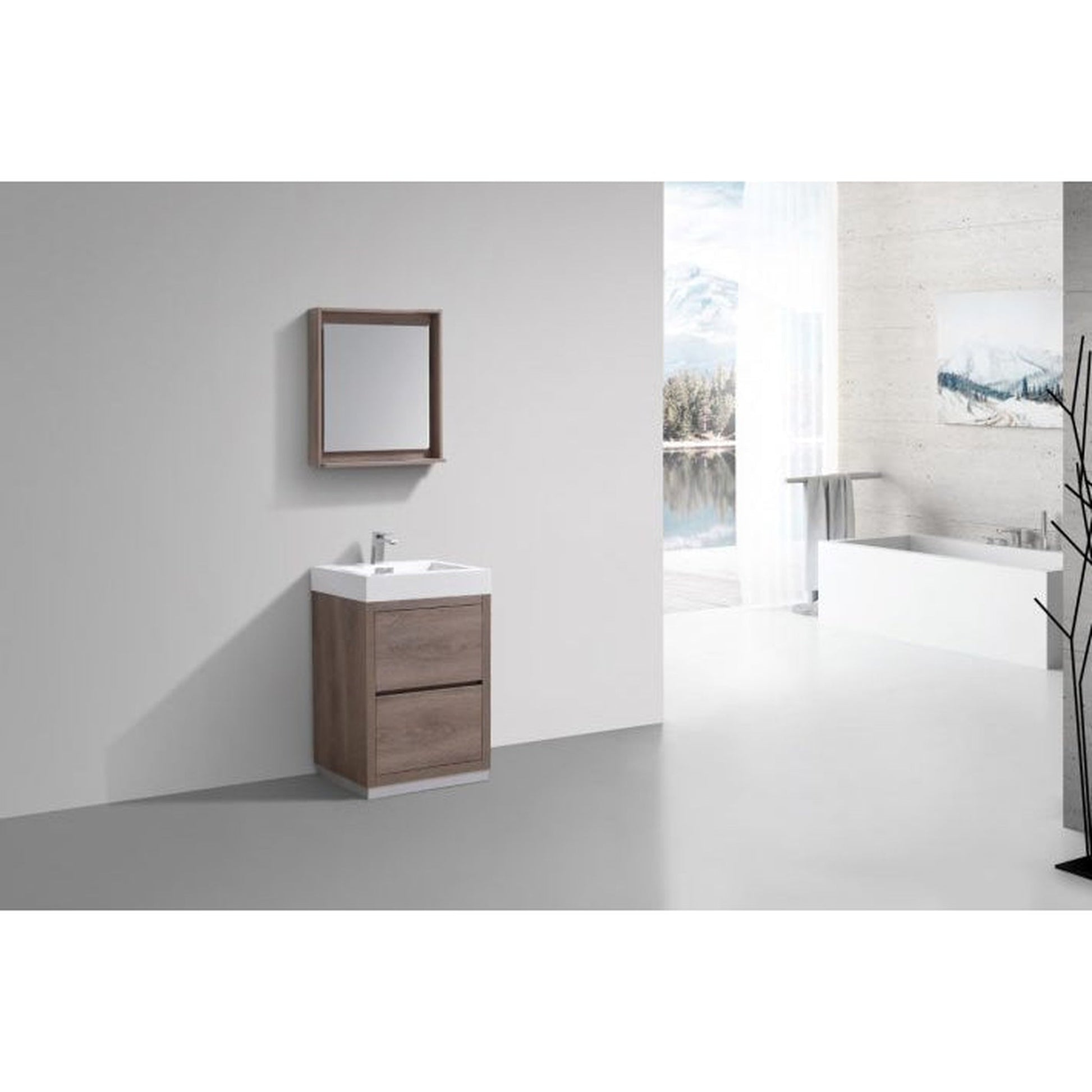 KubeBath Bliss 24" Butternut Freestanding Modern Bathroom Vanity With Single Integrated Acrylic Sink With Overflow and 24" Butternut Framed Mirror With Shelf