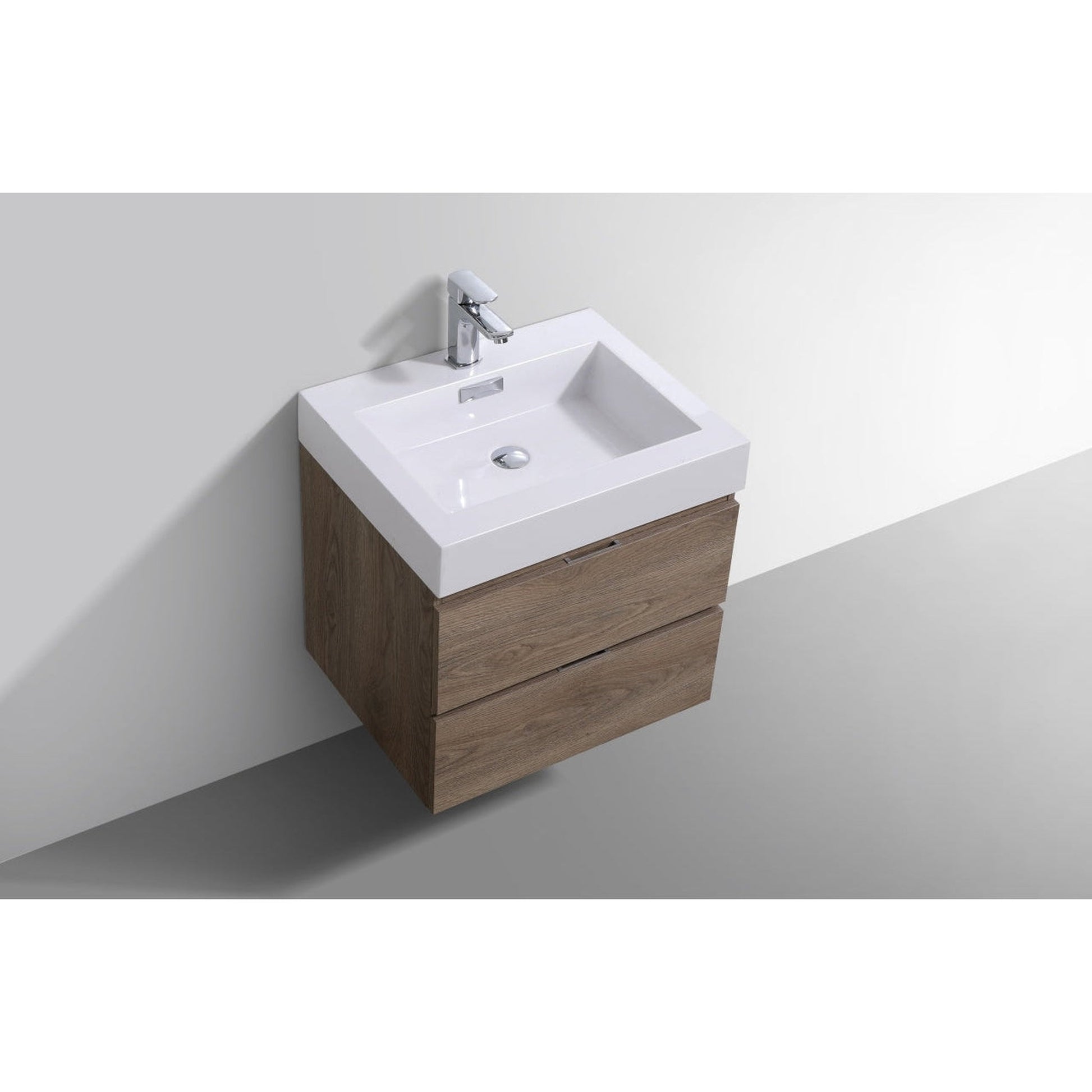 KubeBath Bliss 24" Butternut Wall-Mounted Modern Bathroom Vanity With Single Integrated Acrylic Sink With Overflow