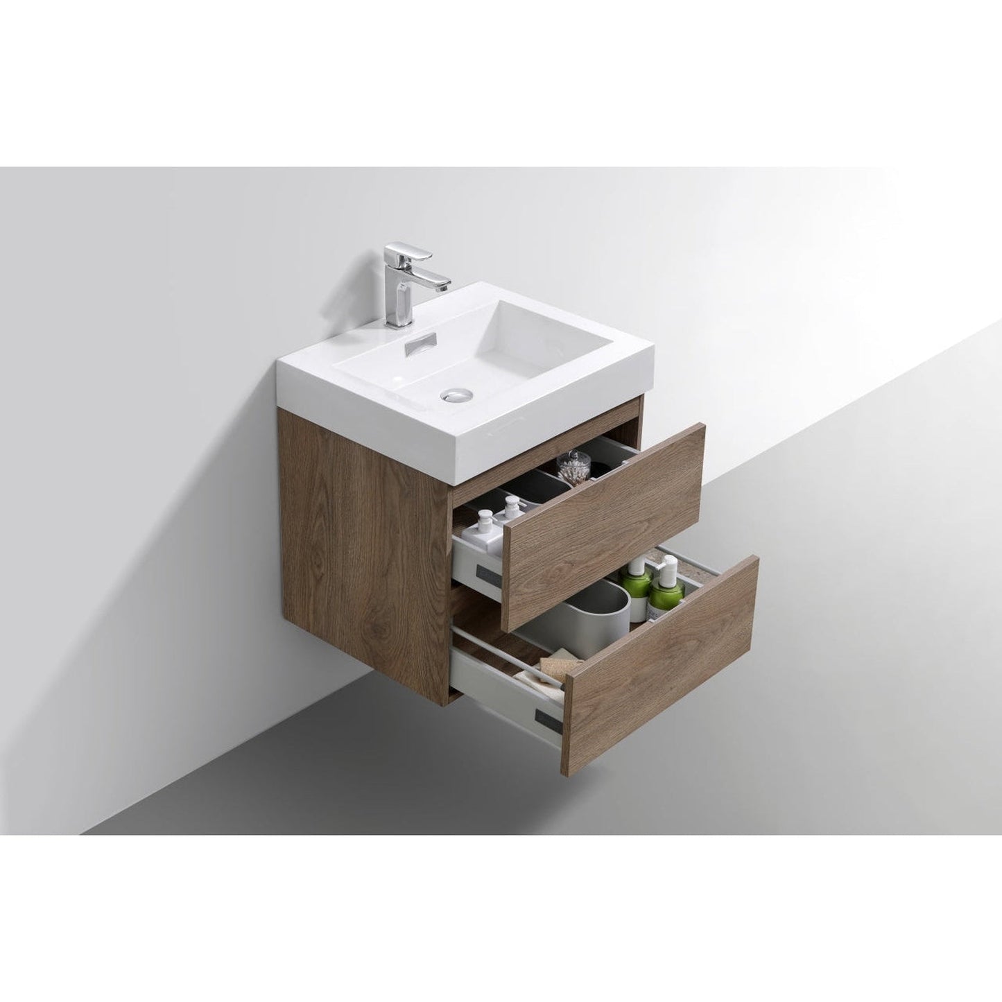 KubeBath Bliss 24" Butternut Wall-Mounted Modern Bathroom Vanity With Single Integrated Acrylic Sink With Overflow and 24" Butternut Framed Mirror With Shelf