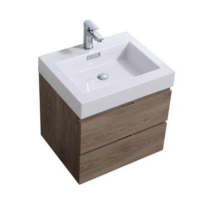 KubeBath Bliss 24" Butternut Wall-Mounted Modern Bathroom Vanity With Single Integrated Acrylic Sink With Overflow