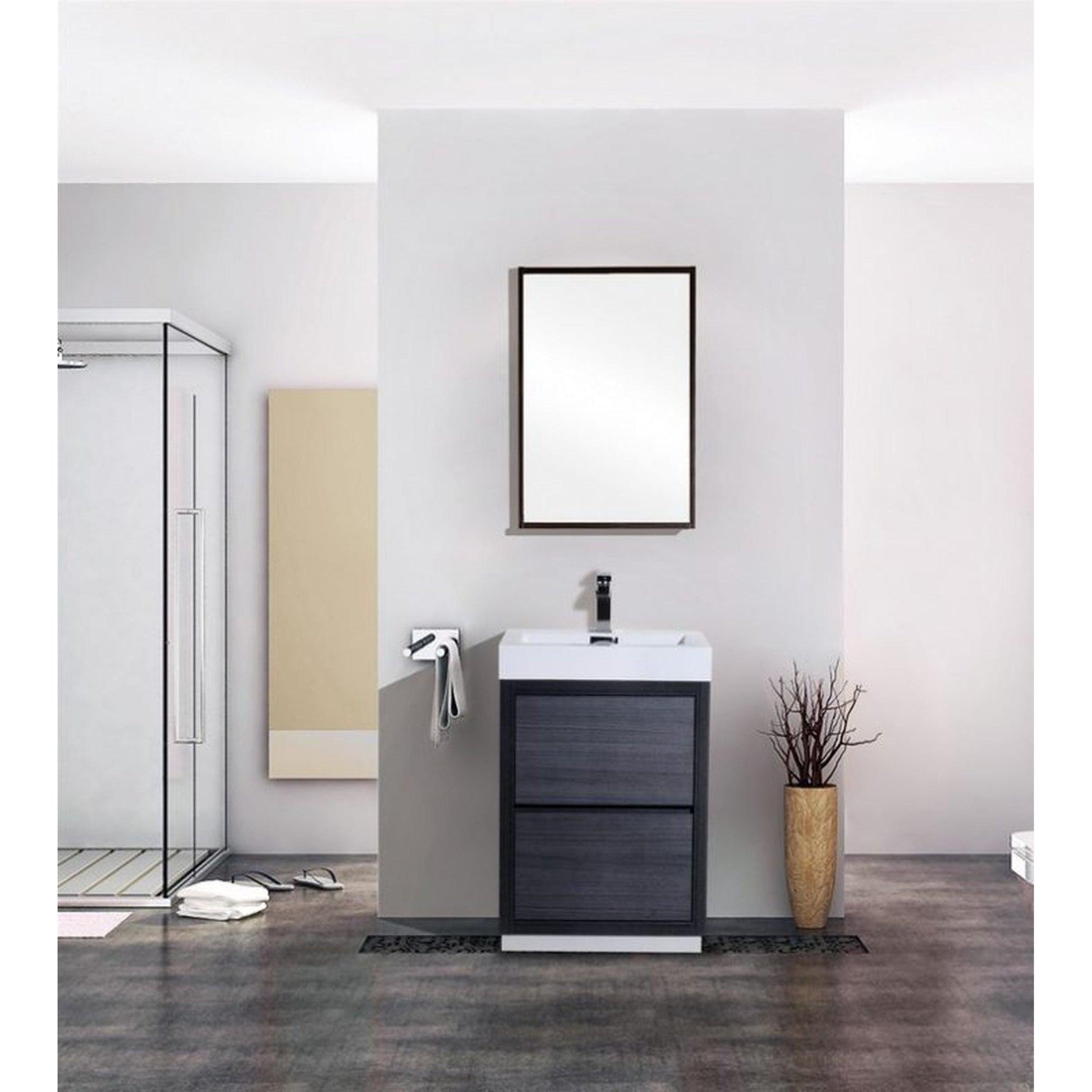KubeBath Bliss 24" Gray Oak Freestanding Modern Bathroom Vanity With Single Integrated Acrylic Sink With Overflow and 22" Gray Oak Framed Mirror With Shelf