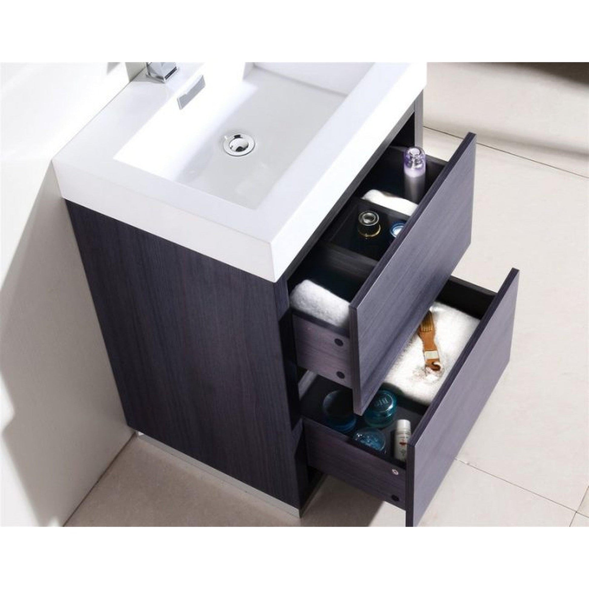 KubeBath Bliss 24" Gray Oak Freestanding Modern Bathroom Vanity With Single Integrated Acrylic Sink With Overflow and 22" Gray Oak Framed Mirror With Shelf