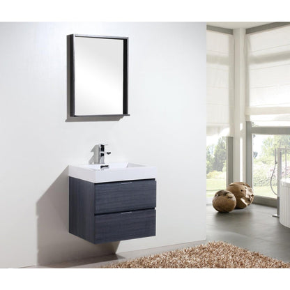 KubeBath Bliss 24" Gray Oak Wall-Mounted Modern Bathroom Vanity With Single Integrated Acrylic Sink With Overflow and 22" Gray Oak Framed Mirror With Shelf