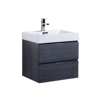 KubeBath Bliss 24" Gray Oak Wall-Mounted Modern Bathroom Vanity With Single Integrated Acrylic Sink With Overflow and 22" Gray Oak Framed Mirror With Shelf