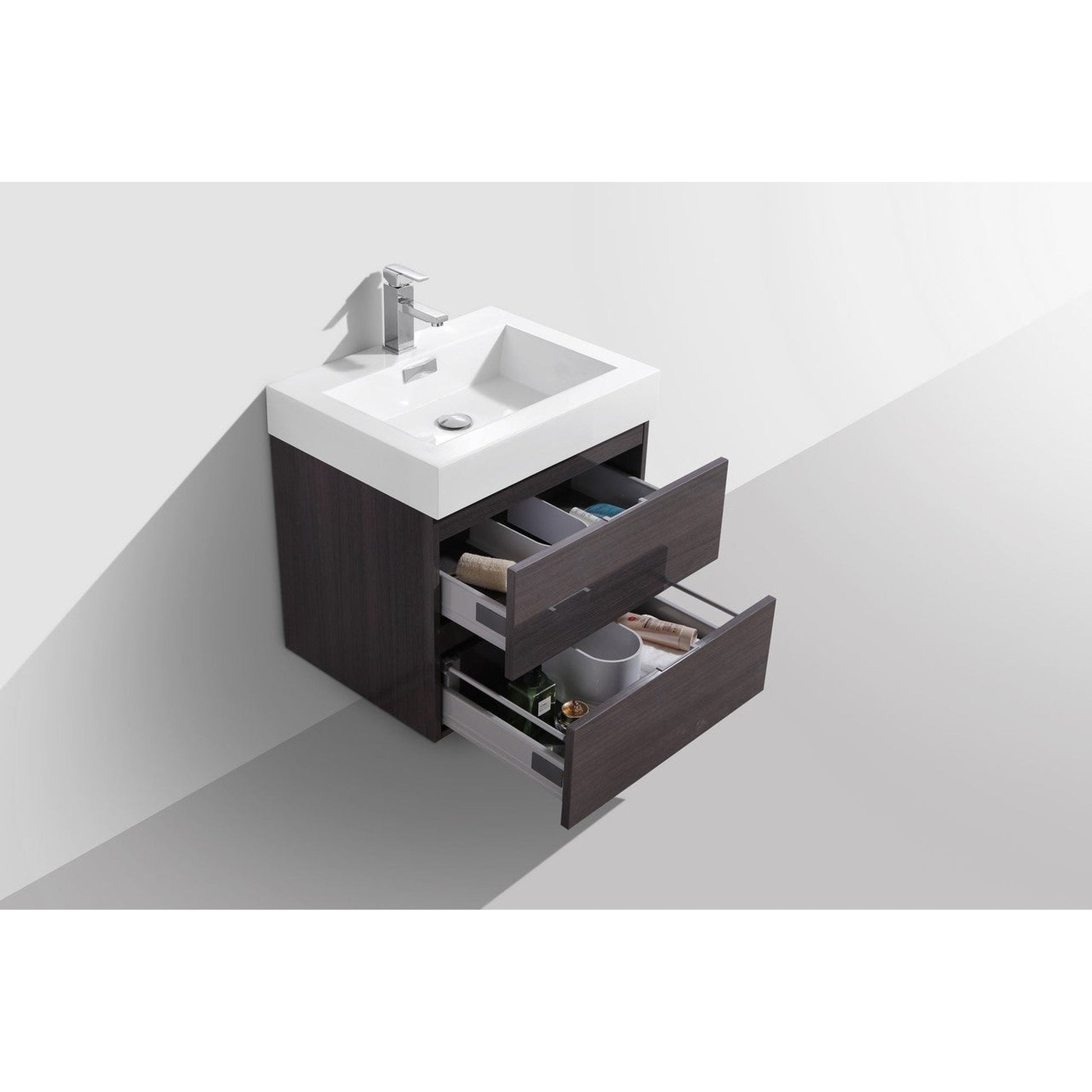 KubeBath Bliss 24" High Gloss Gray Oak Wall-Mounted Modern Bathroom Vanity With Single Integrated Acrylic Sink With Overflow