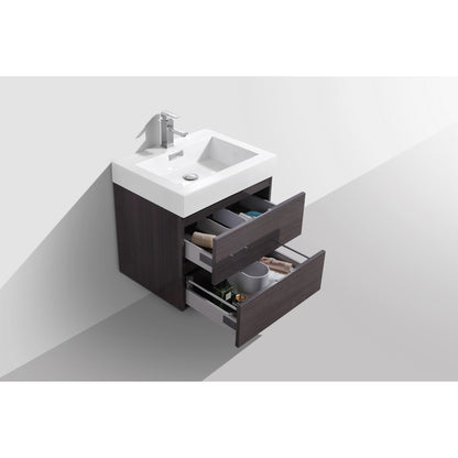 KubeBath Bliss 24" High Gloss Gray Oak Wall-Mounted Modern Bathroom Vanity With Single Integrated Acrylic Sink With Overflow