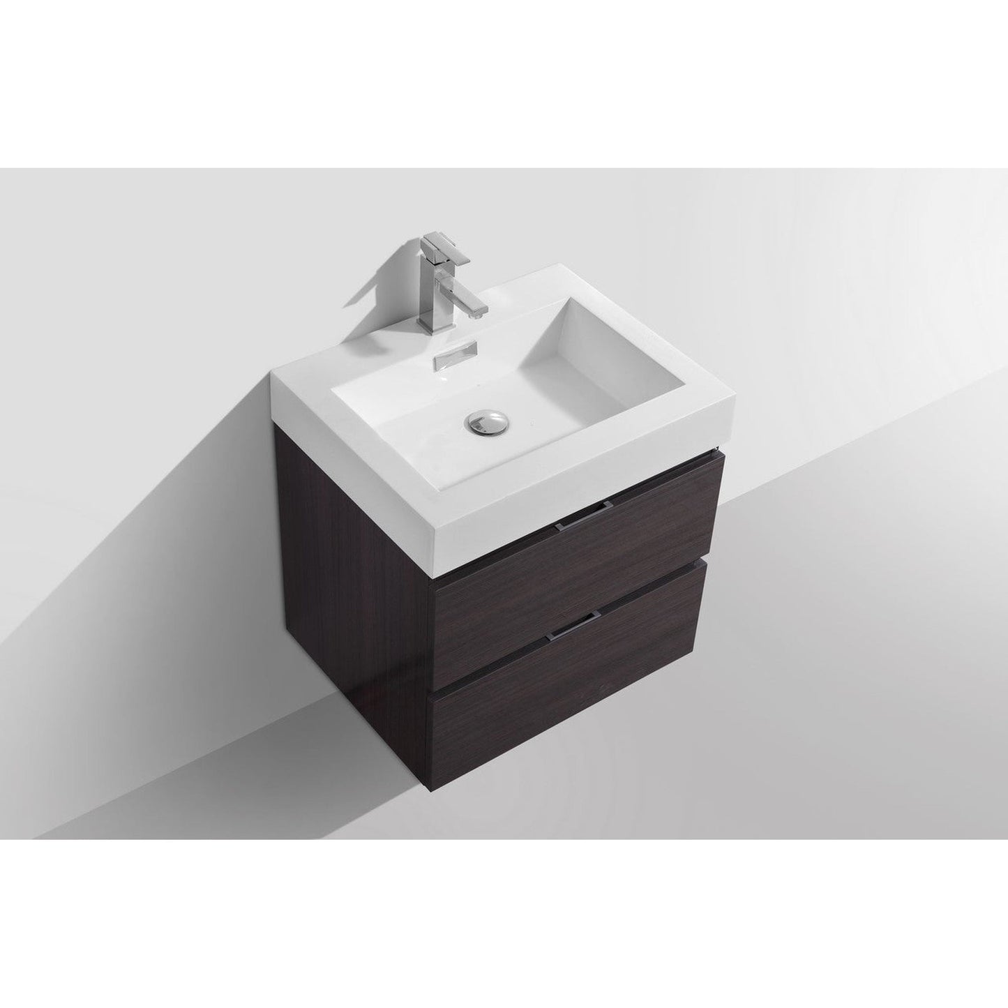 KubeBath Bliss 24" High Gloss Gray Oak Wall-Mounted Modern Bathroom Vanity With Single Integrated Acrylic Sink With Overflow and 22" Wood Framed Mirror With Shelf