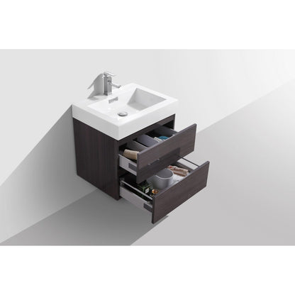 KubeBath Bliss 24" High Gloss Gray Oak Wall-Mounted Modern Bathroom Vanity With Single Integrated Acrylic Sink With Overflow and 22" Wood Framed Mirror With Shelf