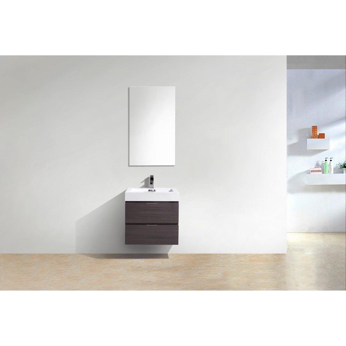 KubeBath Bliss 24" High Gloss Gray Oak Wall-Mounted Modern Bathroom Vanity With Single Integrated Acrylic Sink With Overflow and 22" Wood Framed Mirror With Shelf