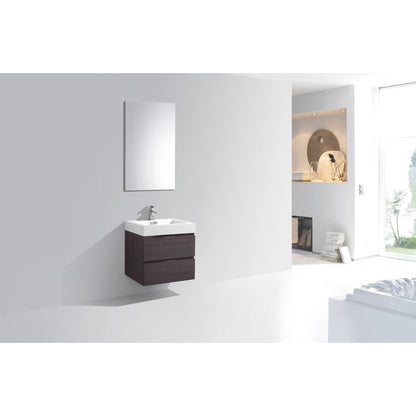 KubeBath Bliss 24" High Gloss Gray Oak Wall-Mounted Modern Bathroom Vanity With Single Integrated Acrylic Sink With Overflow and 22" Wood Framed Mirror With Shelf