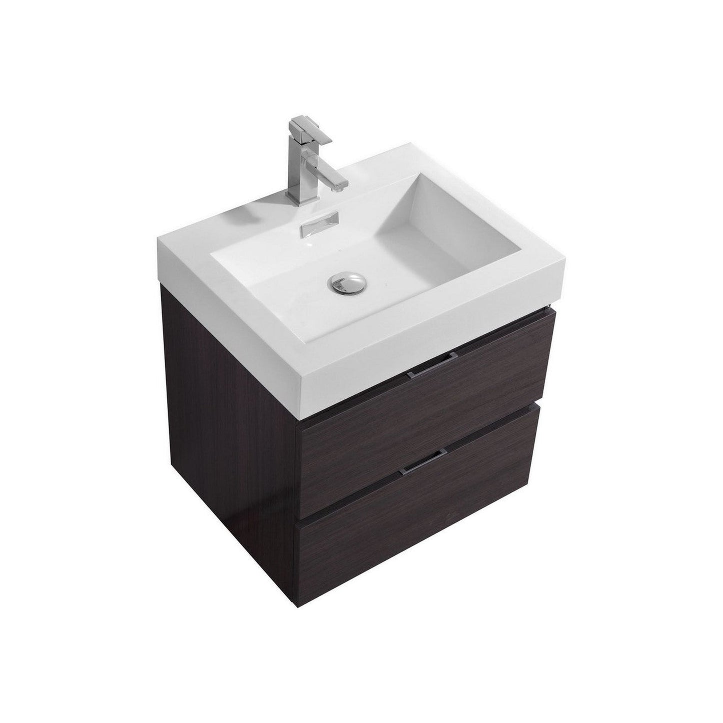 KubeBath Bliss 24" High Gloss Gray Oak Wall-Mounted Modern Bathroom Vanity With Single Integrated Acrylic Sink With Overflow and 22" Wood Framed Mirror With Shelf