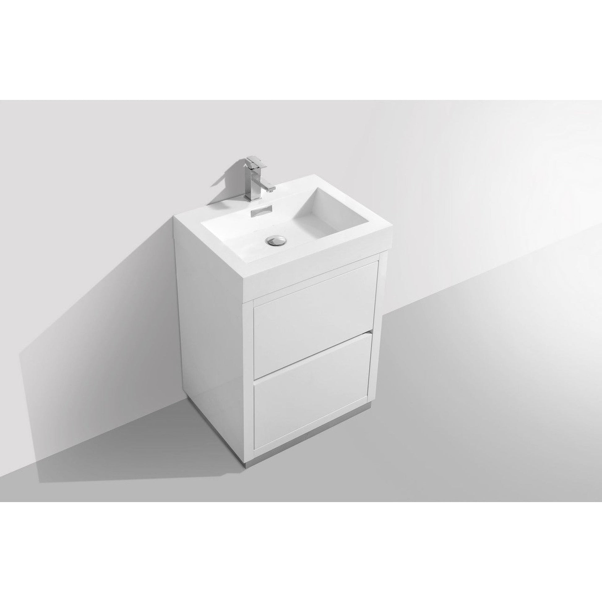 KubeBath Bliss 24" High Gloss White Freestanding Modern Bathroom Vanity With Single Integrated Acrylic Sink With Overflow and 24" White Framed Mirror With Shelf