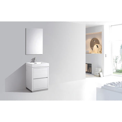 KubeBath Bliss 24" High Gloss White Freestanding Modern Bathroom Vanity With Single Integrated Acrylic Sink With Overflow and 24" White Framed Mirror With Shelf