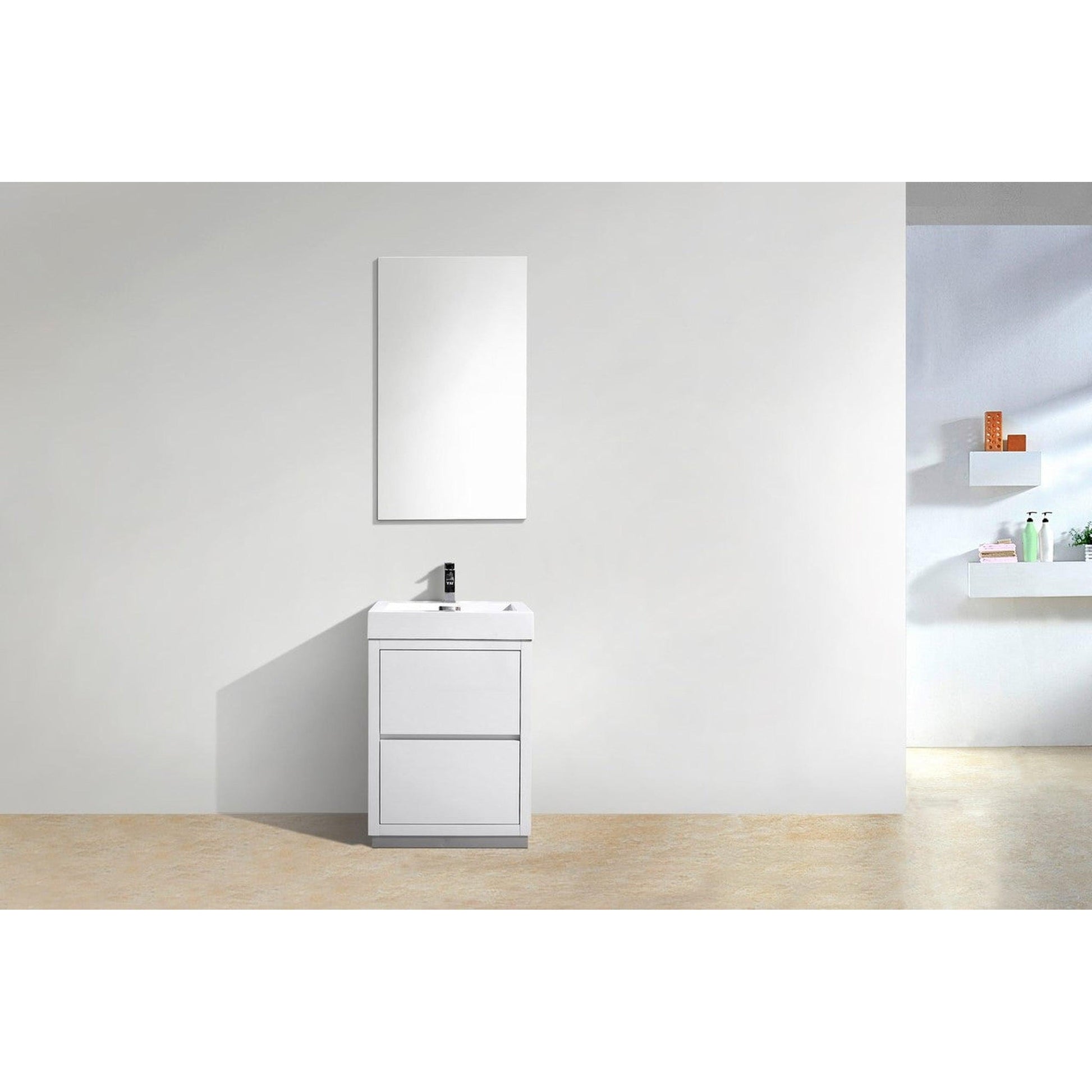 KubeBath Bliss 24" High Gloss White Freestanding Modern Bathroom Vanity With Single Integrated Acrylic Sink With Overflow and 24" White Framed Mirror With Shelf