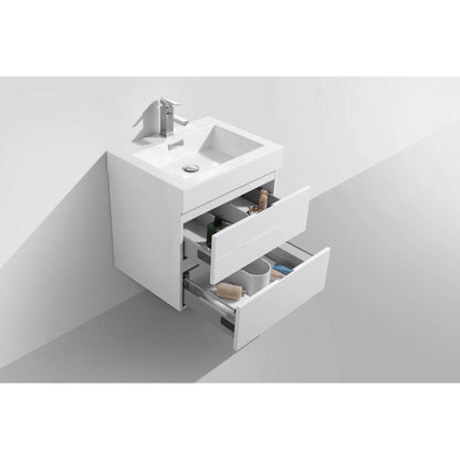 KubeBath Bliss 24" High Gloss White Wall-Mounted Modern Bathroom Vanity With Single Integrated Acrylic Sink With Overflow