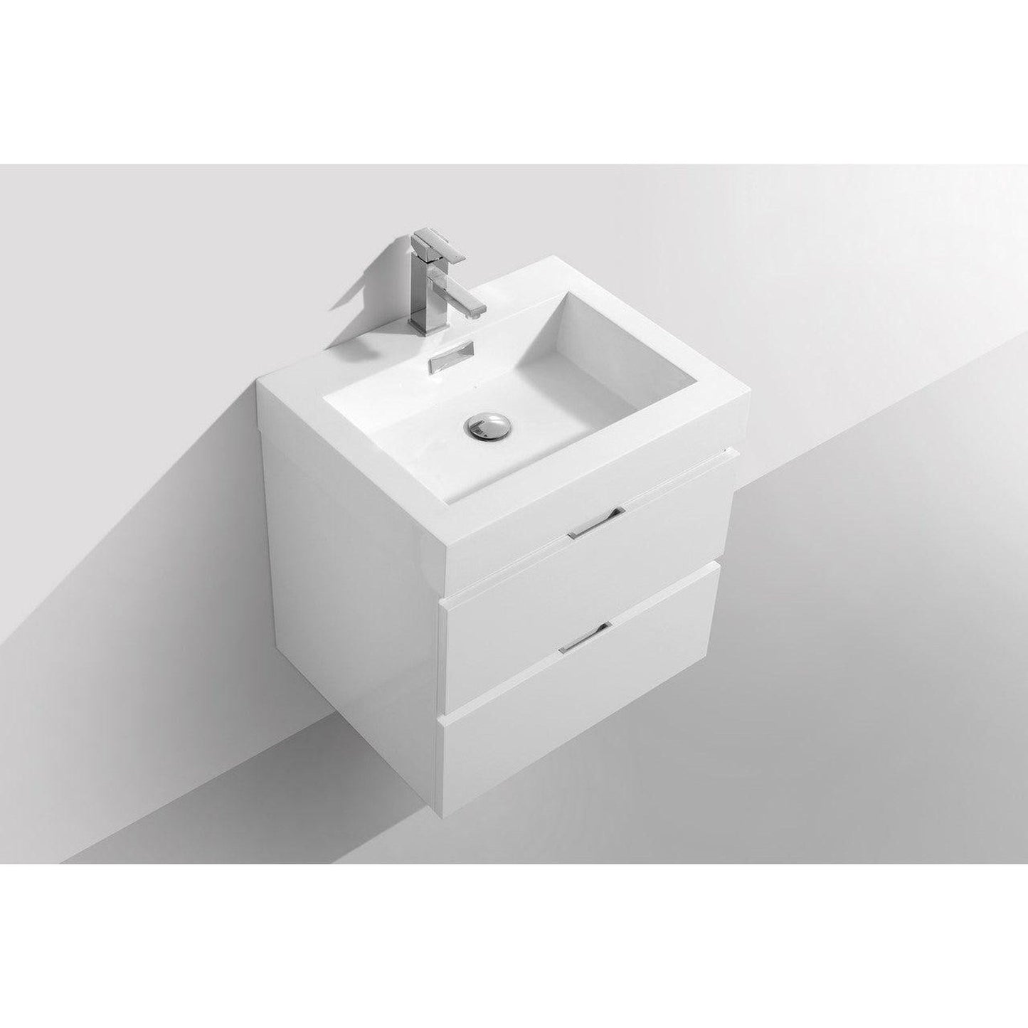 KubeBath Bliss 24" High Gloss White Wall-Mounted Modern Bathroom Vanity With Single Integrated Acrylic Sink With Overflow