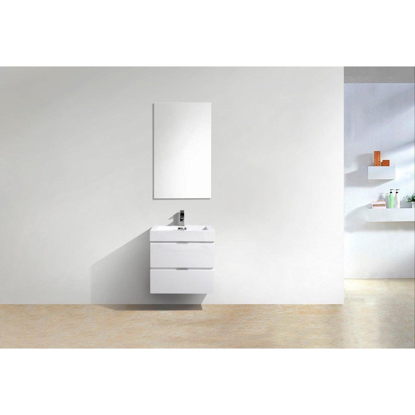 KubeBath Bliss 24" High Gloss White Wall-Mounted Modern Bathroom Vanity With Single Integrated Acrylic Sink With Overflow