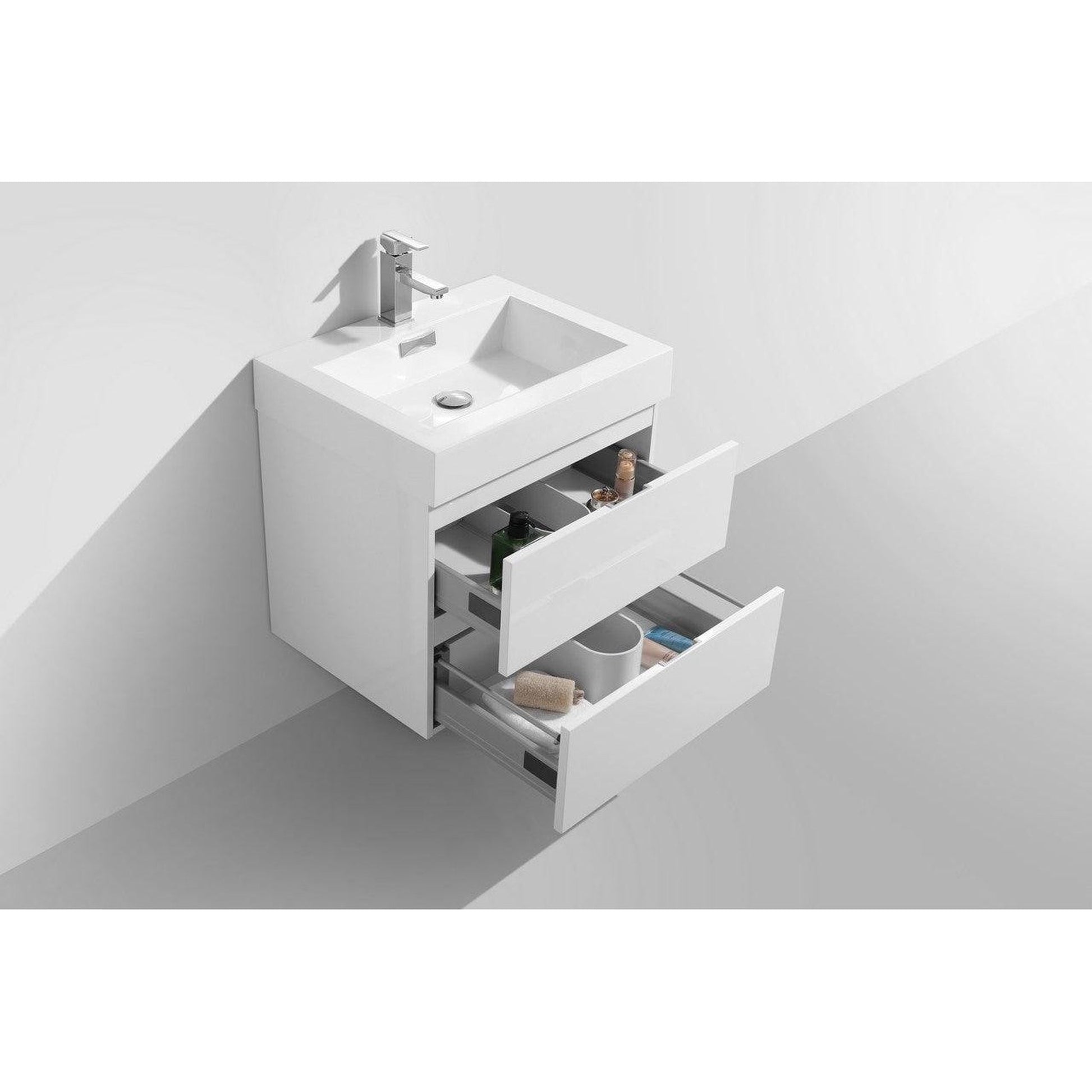 KubeBath Bliss 24" High Gloss White Wall-Mounted Modern Bathroom Vanity With Single Integrated Acrylic Sink With Overflow and 24" White Framed Mirror With Shelf