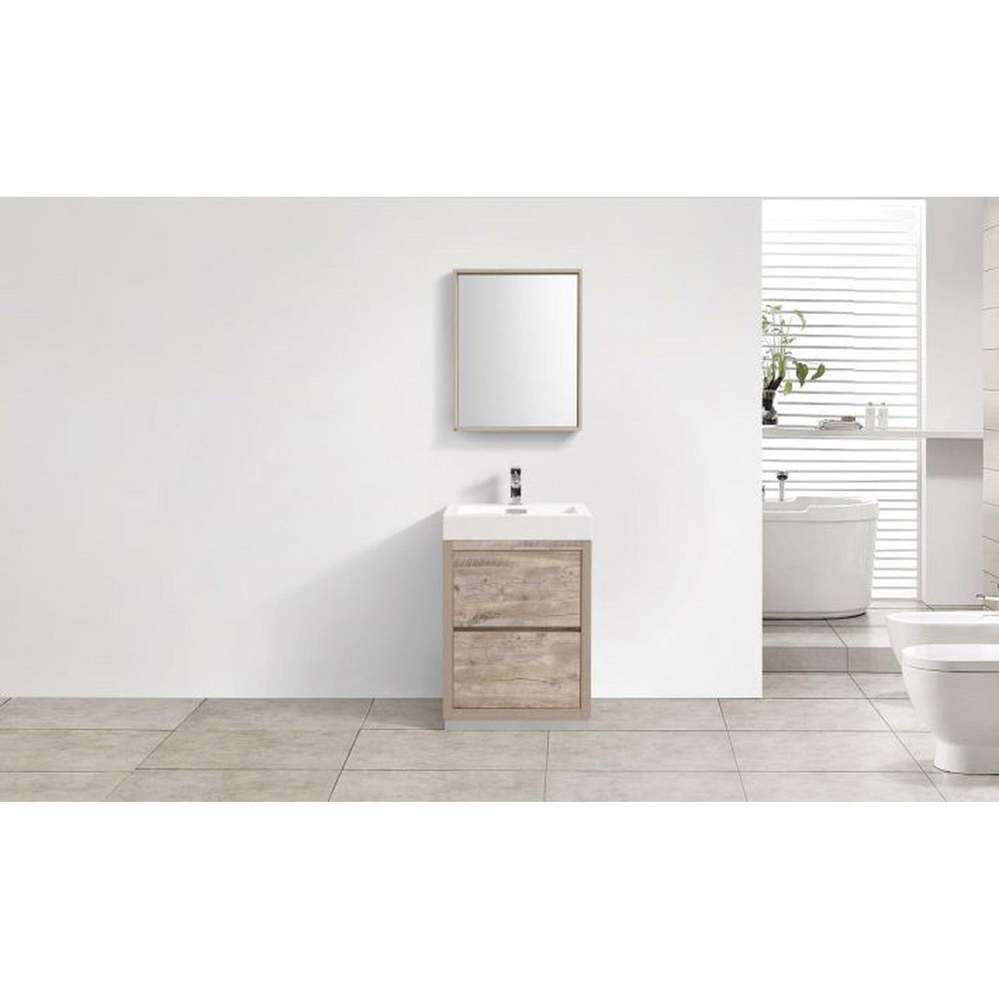 KubeBath Bliss 24" Nature Wood Freestanding Modern Bathroom Vanity With Single Integrated Acrylic Sink With Overflow and 24" Wood Framed Mirror With Shelf