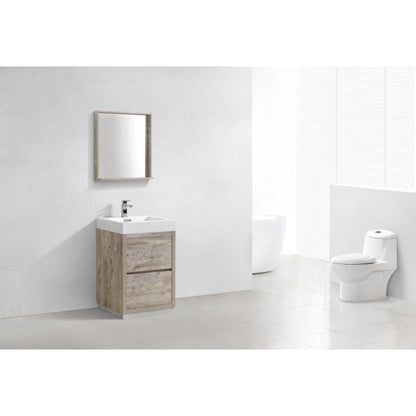 KubeBath Bliss 24" Nature Wood Freestanding Modern Bathroom Vanity With Single Integrated Acrylic Sink With Overflow and 24" Wood Framed Mirror With Shelf