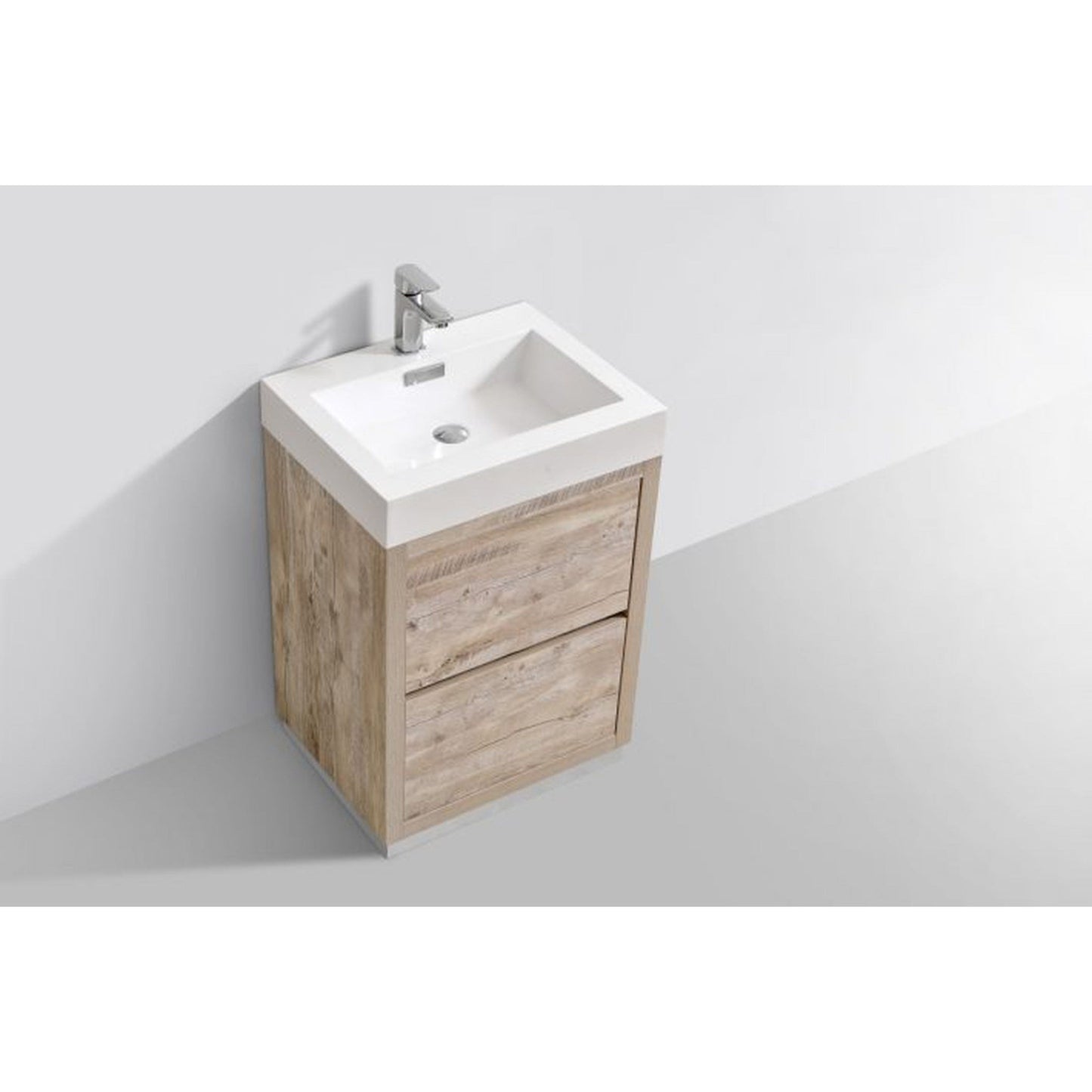 KubeBath Bliss 24" Nature Wood Freestanding Modern Bathroom Vanity With Single Integrated Acrylic Sink With Overflow and 24" Wood Framed Mirror With Shelf