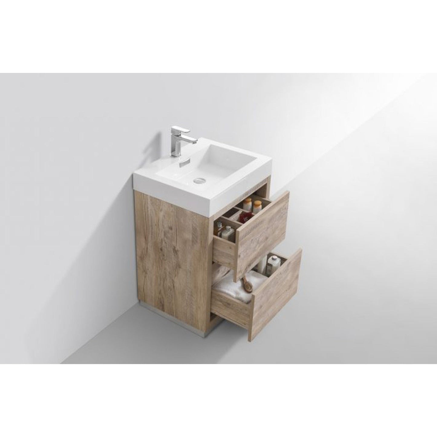 KubeBath Bliss 24" Nature Wood Freestanding Modern Bathroom Vanity With Single Integrated Acrylic Sink With Overflow and 24" Wood Framed Mirror With Shelf