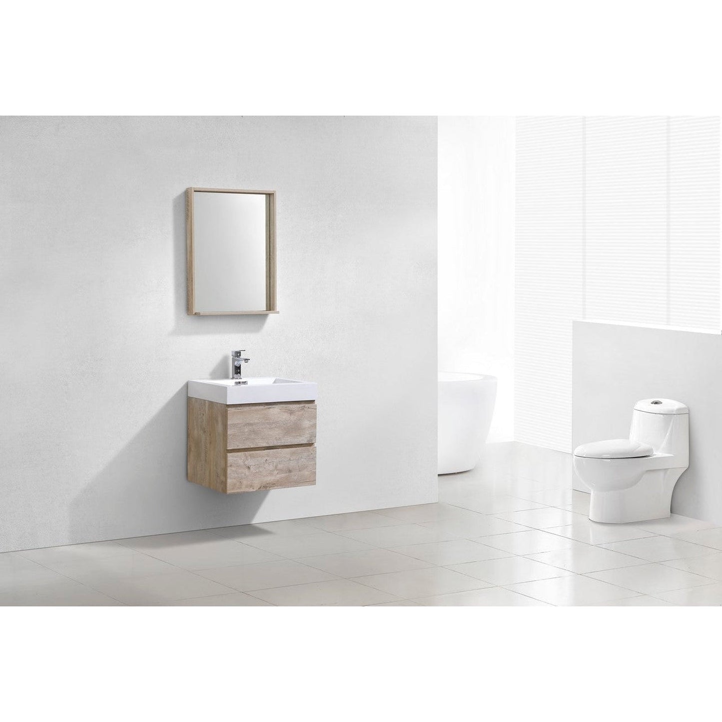 KubeBath Bliss 24" Nature Wood Wall-Mounted Modern Bathroom Vanity With Single Integrated Acrylic Sink With Overflow