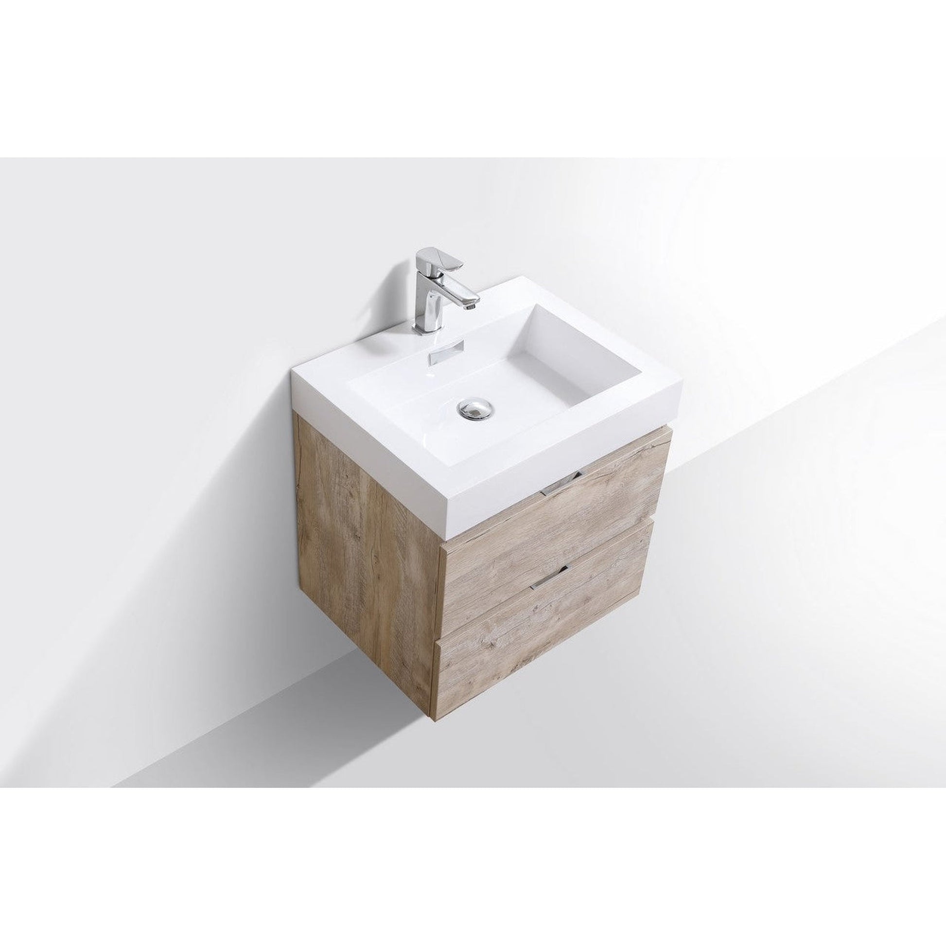 KubeBath Bliss 24" Nature Wood Wall-Mounted Modern Bathroom Vanity With Single Integrated Acrylic Sink With Overflow and 24" Wood Framed Mirror With Shelf