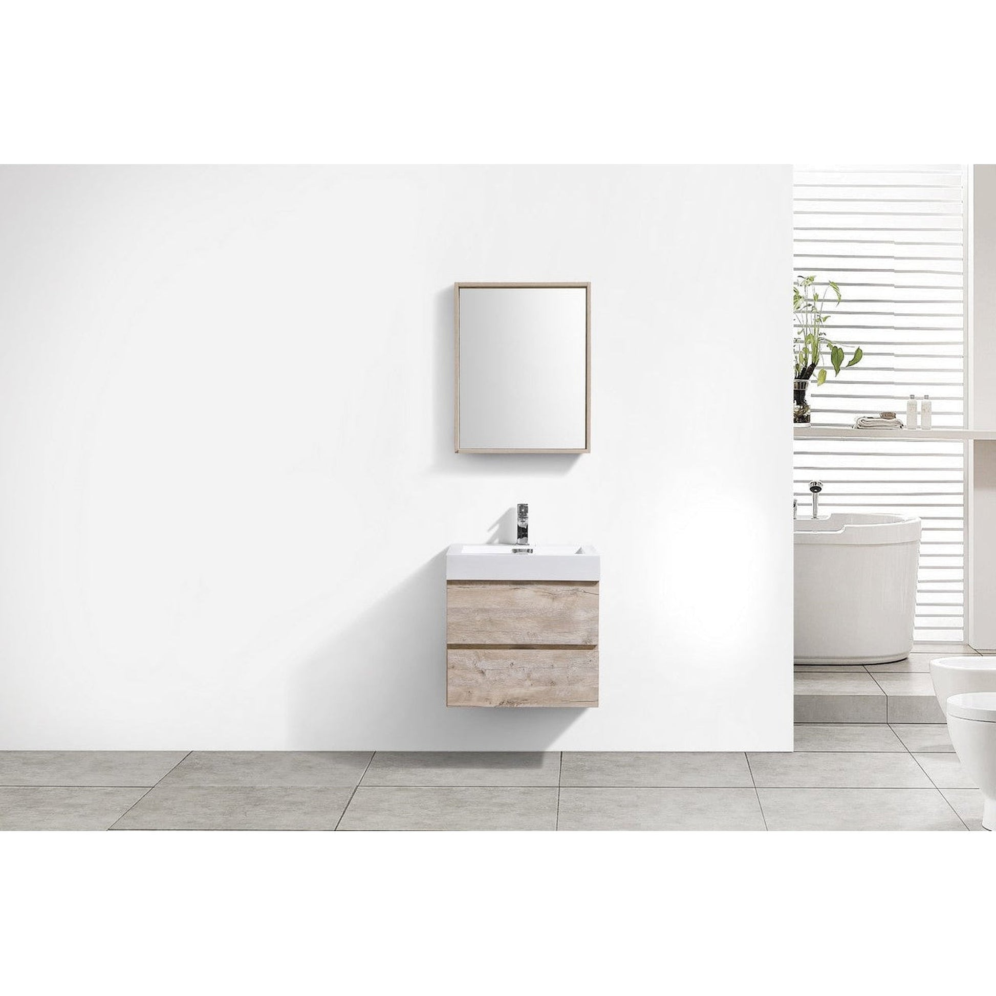 KubeBath Bliss 24" Nature Wood Wall-Mounted Modern Bathroom Vanity With Single Integrated Acrylic Sink With Overflow and 24" Wood Framed Mirror With Shelf