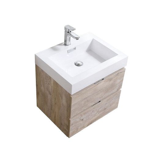 KubeBath Bliss 24" Nature Wood Wall-Mounted Modern Bathroom Vanity With Single Integrated Acrylic Sink With Overflow and 24" Wood Framed Mirror With Shelf