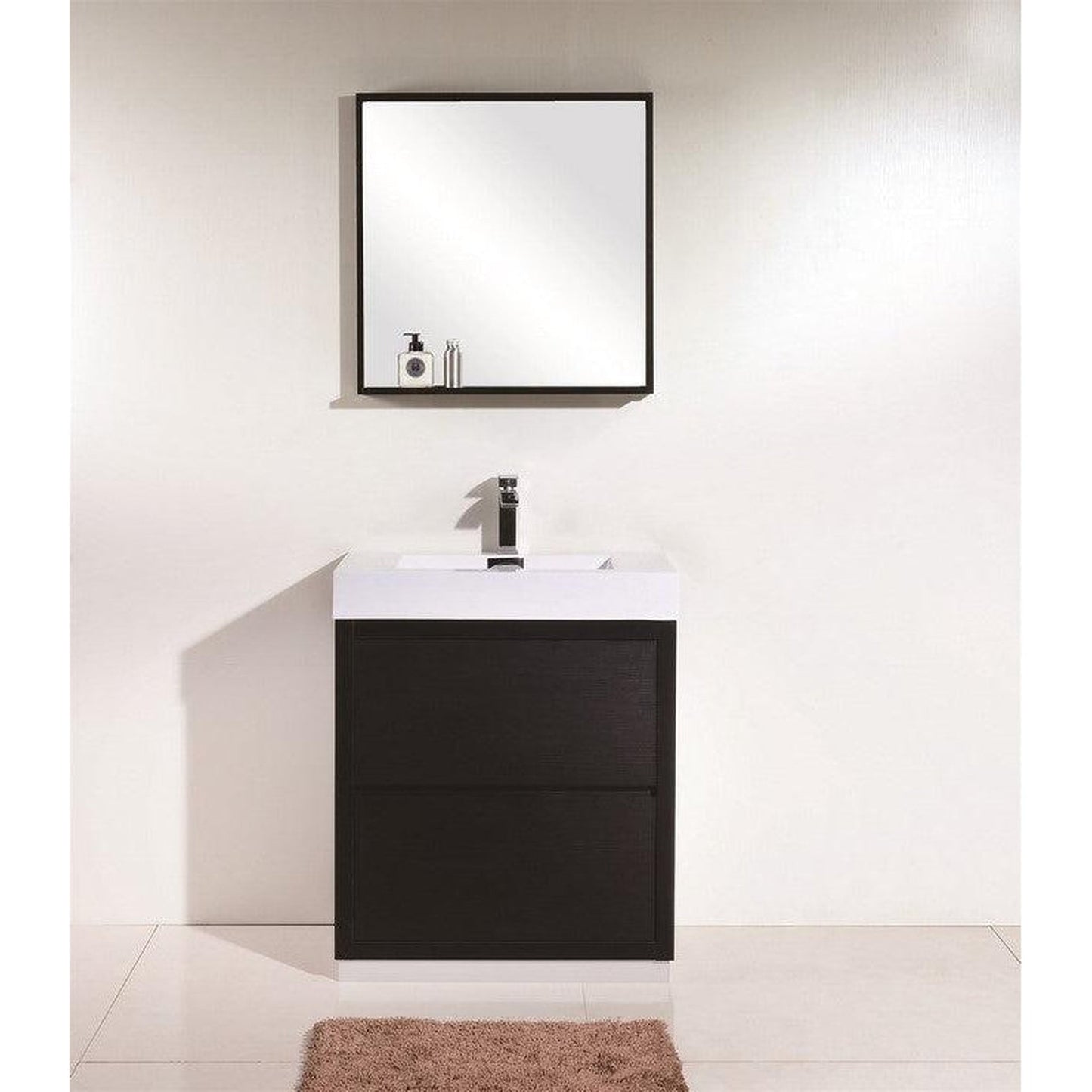 KubeBath Bliss 30" Black Freestanding Modern Bathroom Vanity With Single Integrated Acrylic Sink With Overflow and 28" Black Framed Mirror With Shelf