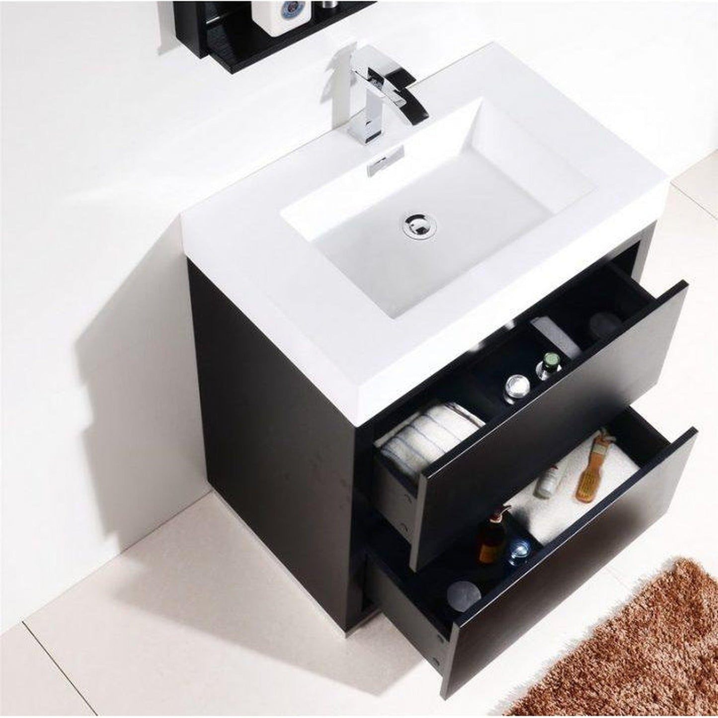 KubeBath Bliss 30" Black Freestanding Modern Bathroom Vanity With Single Integrated Acrylic Sink With Overflow and 28" Black Framed Mirror With Shelf