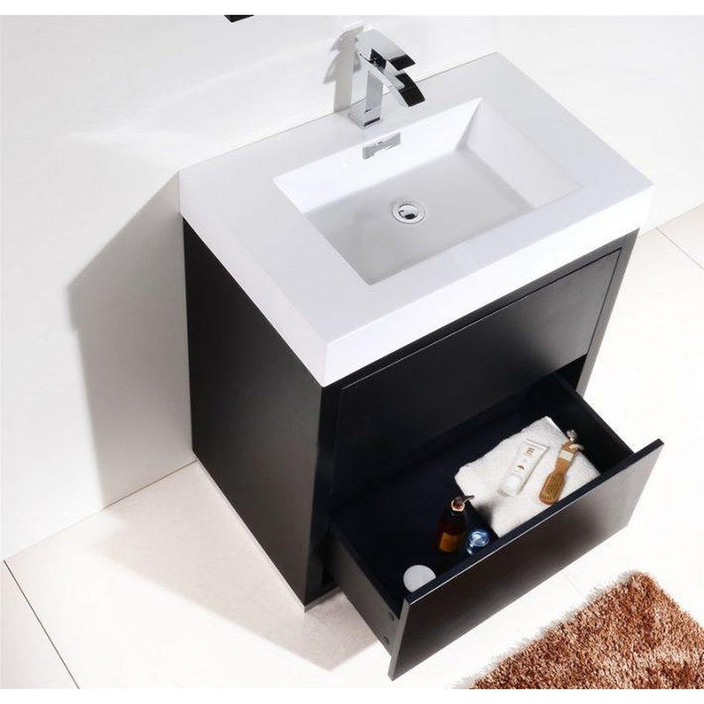 KubeBath Bliss 30" Black Freestanding Modern Bathroom Vanity With Single Integrated Acrylic Sink With Overflow and 28" Black Framed Mirror With Shelf