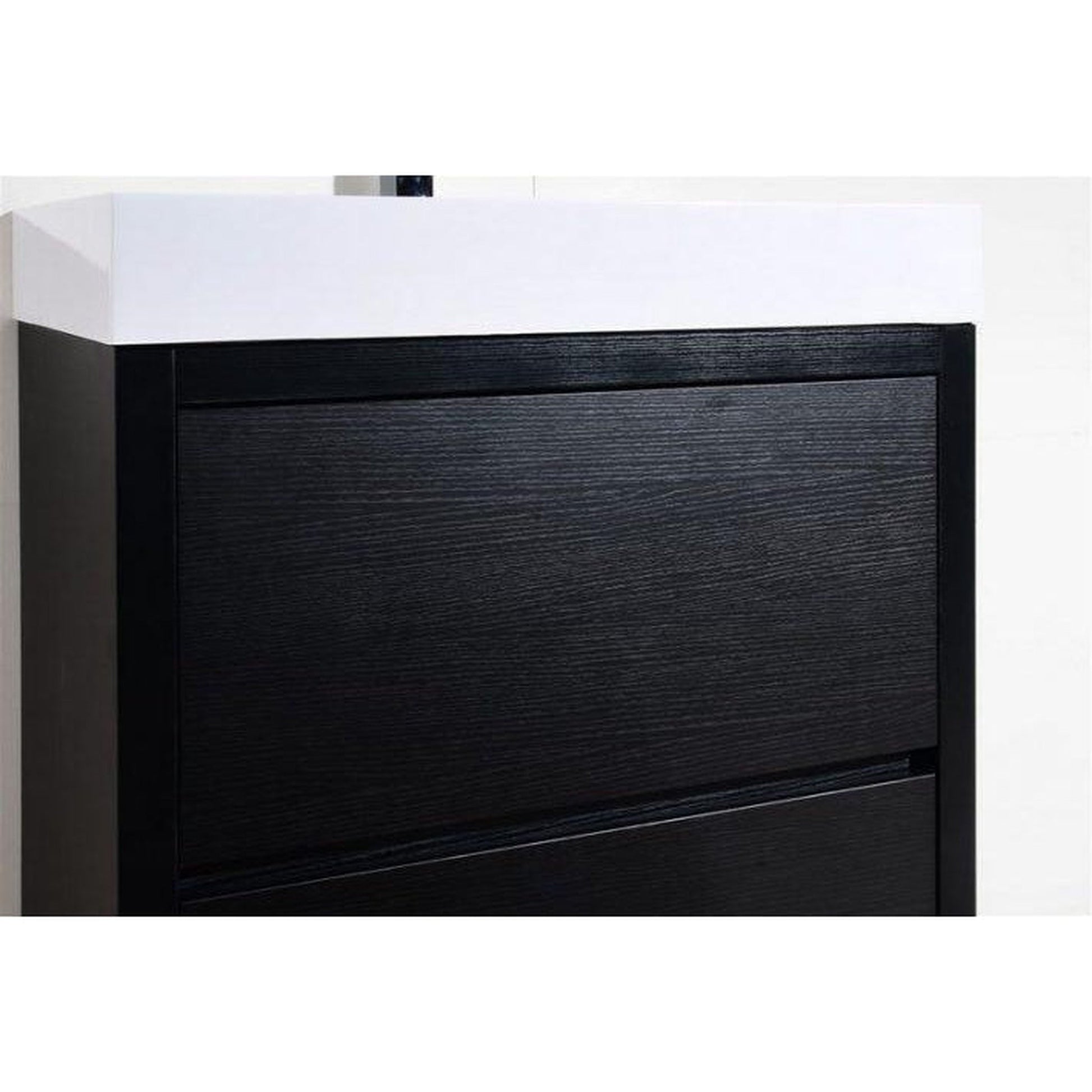 KubeBath Bliss 30" Black Freestanding Modern Bathroom Vanity With Single Integrated Acrylic Sink With Overflow and 28" Black Framed Mirror With Shelf