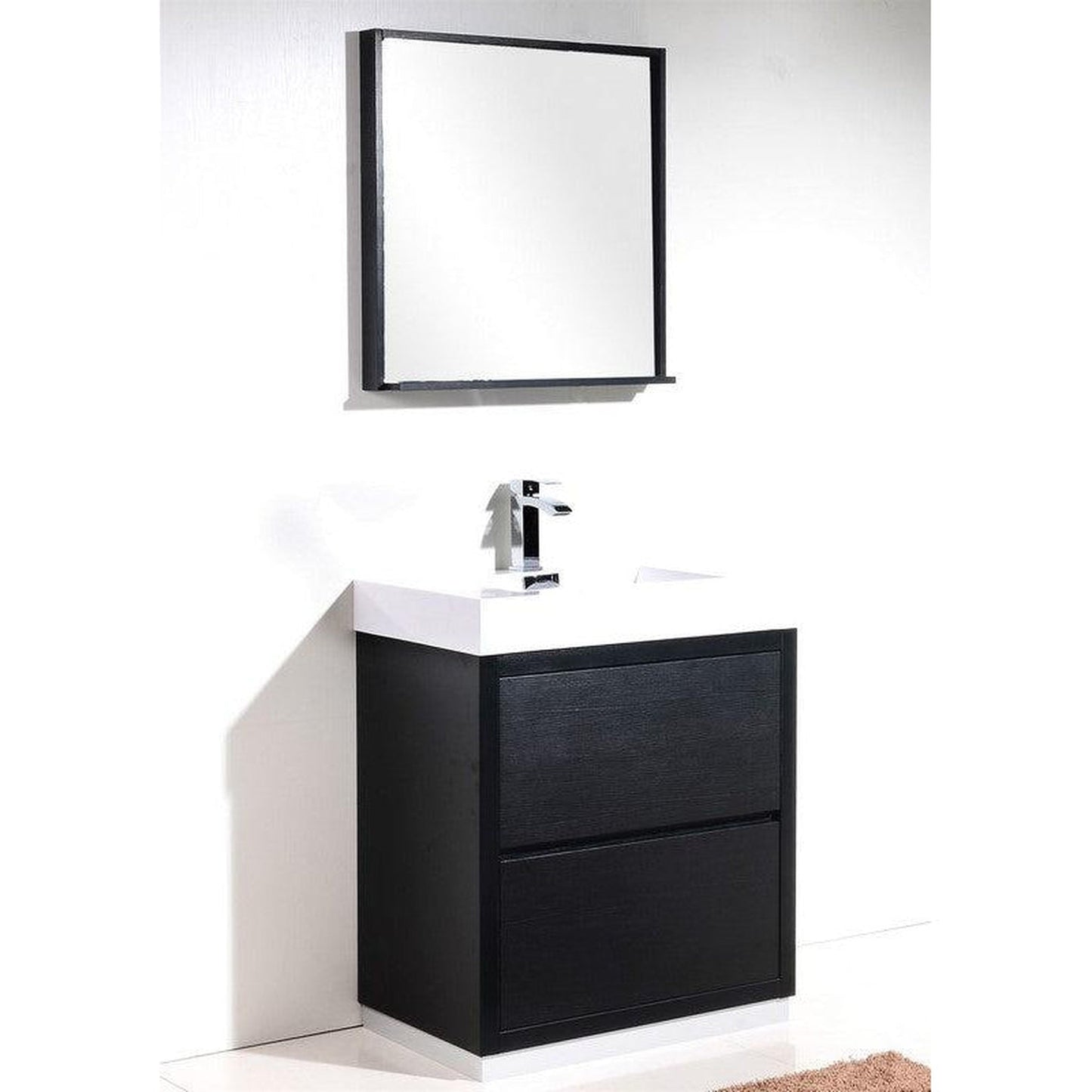 KubeBath Bliss 30" Black Freestanding Modern Bathroom Vanity With Single Integrated Acrylic Sink With Overflow and 28" Black Framed Mirror With Shelf