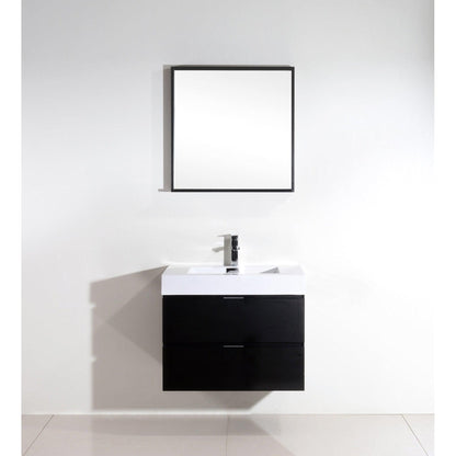 KubeBath Bliss 30" Black Wall-Mounted Modern Bathroom Vanity With Single Integrated Acrylic Sink With Overflow and 28" Black Framed Mirror With Shelf
