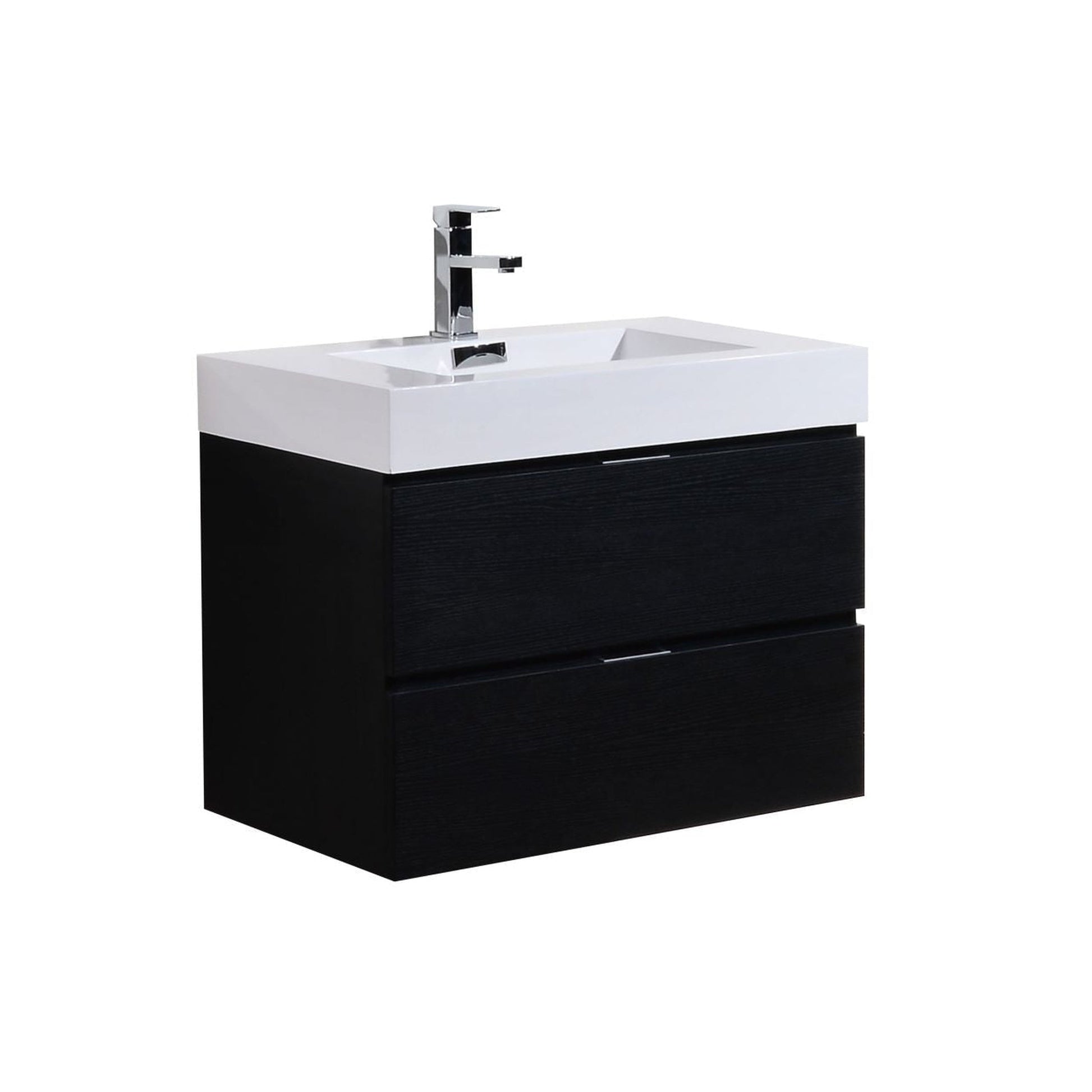 KubeBath Bliss 30" Black Wall-Mounted Modern Bathroom Vanity With Single Integrated Acrylic Sink With Overflow and 28" Black Framed Mirror With Shelf