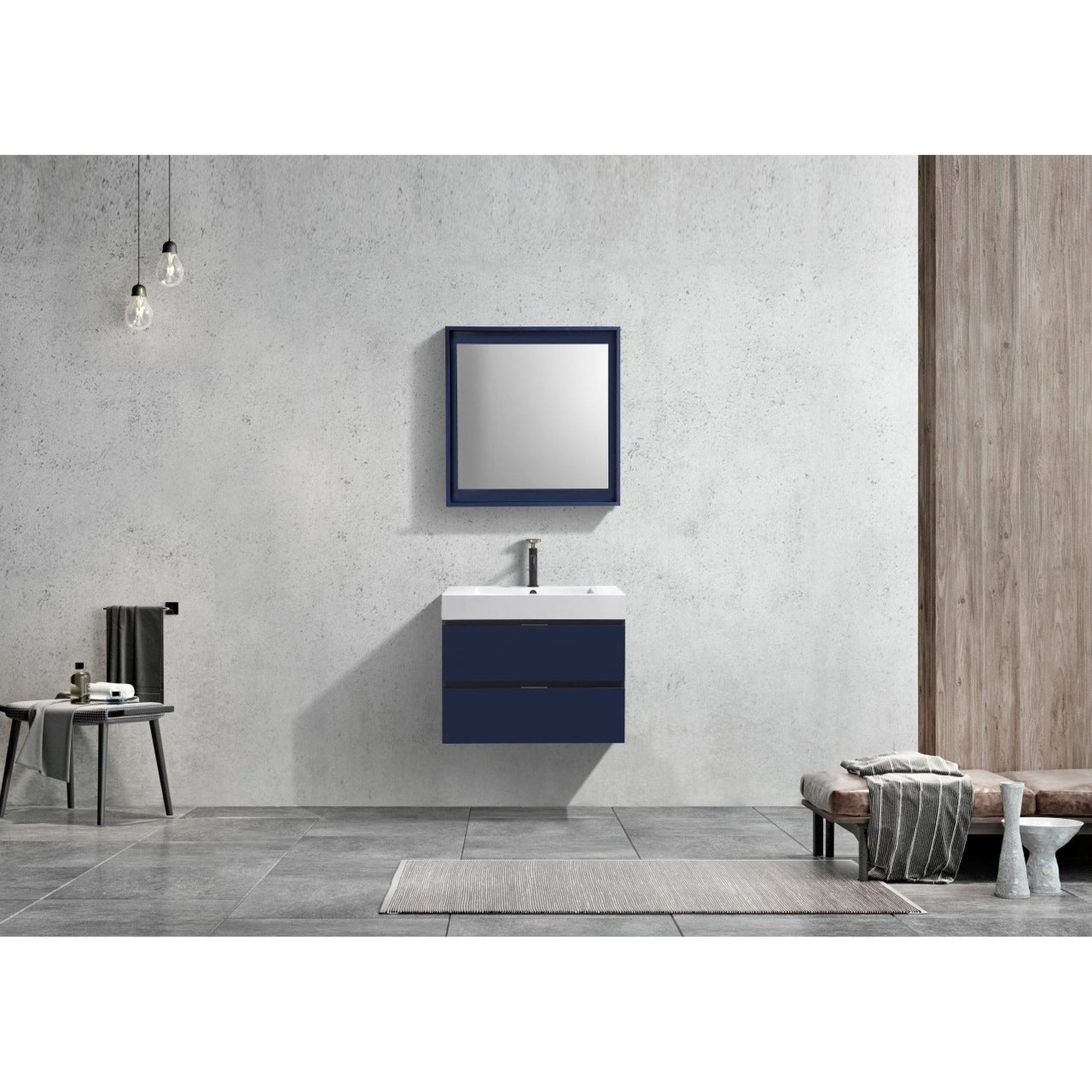 KubeBath Bliss 30" Blue Wall-Mounted Modern Bathroom Vanity With Single Integrated Acrylic Sink With Overflow