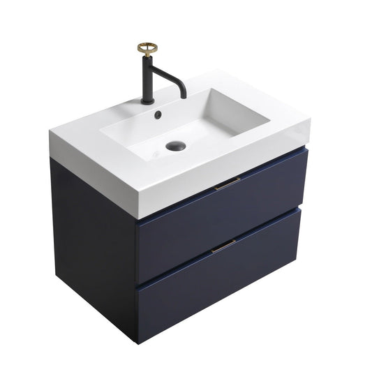 KubeBath Bliss 30" Blue Wall-Mounted Modern Bathroom Vanity With Single Integrated Acrylic Sink With Overflow and 30" White Framed Mirror With Shelf
