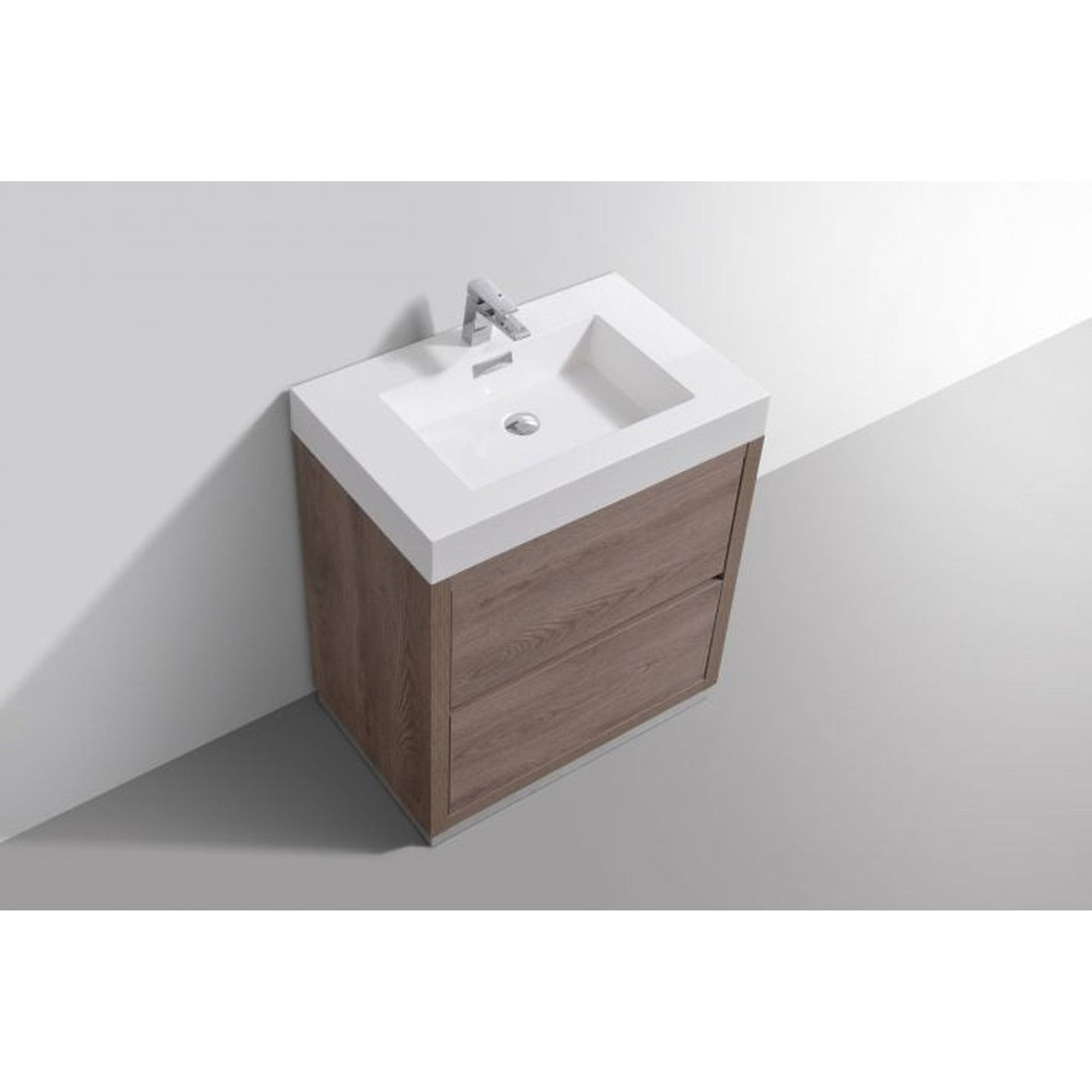 KubeBath Bliss 30" Butternut Freestanding Modern Bathroom Vanity With Single Integrated Acrylic Sink With Overflow and 30" Butternut Framed Mirror With Shelf