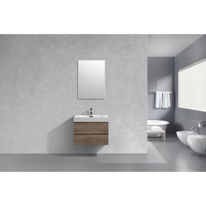 KubeBath Bliss 30" Butternut Wall-Mounted Modern Bathroom Vanity With Single Integrated Acrylic Sink With Overflow and 30" Butternut Framed Mirror With Shelf