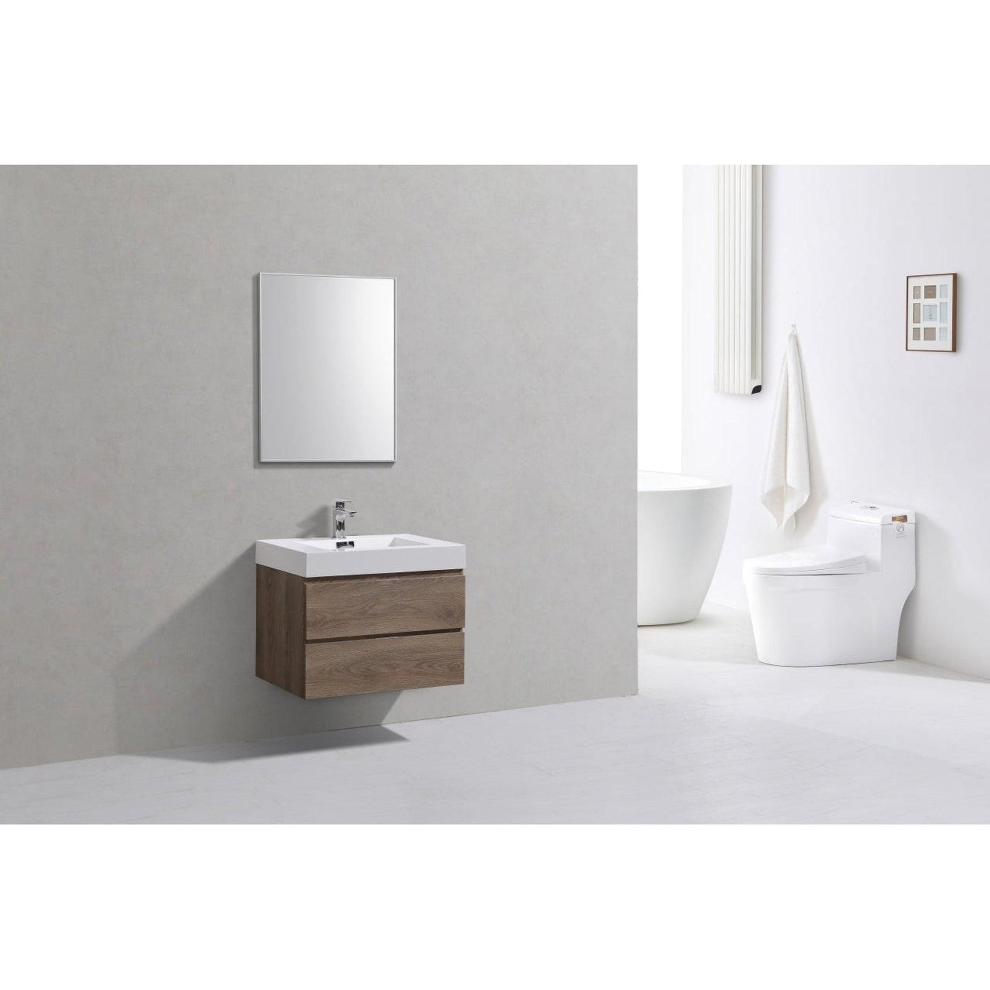 KubeBath Bliss 30" Butternut Wall-Mounted Modern Bathroom Vanity With Single Integrated Acrylic Sink With Overflow and 30" Butternut Framed Mirror With Shelf