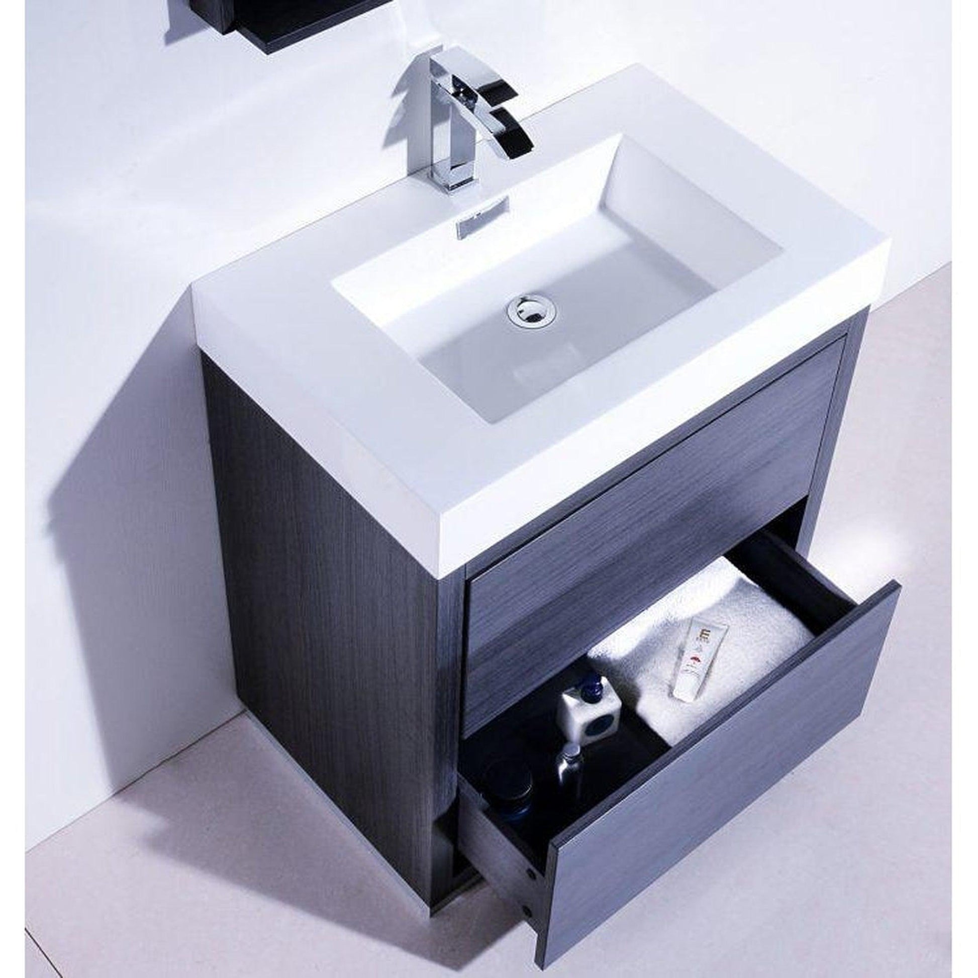 KubeBath Bliss 30" Gray Oak Freestanding Modern Bathroom Vanity With Single Integrated Acrylic Sink With Overflow