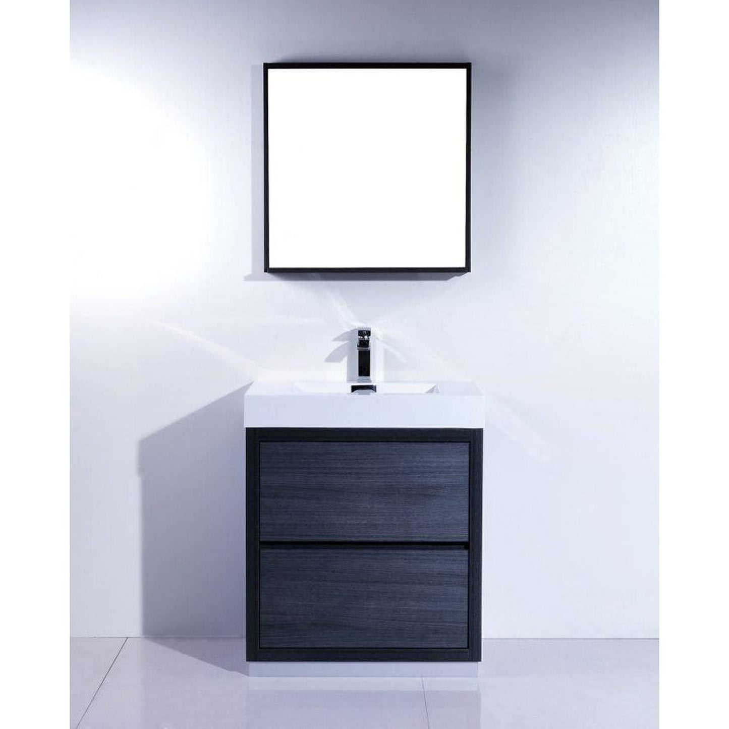 KubeBath Bliss 30" Gray Oak Freestanding Modern Bathroom Vanity With Single Integrated Acrylic Sink With Overflow and 28" Gray Oak Framed Mirror With Shelf