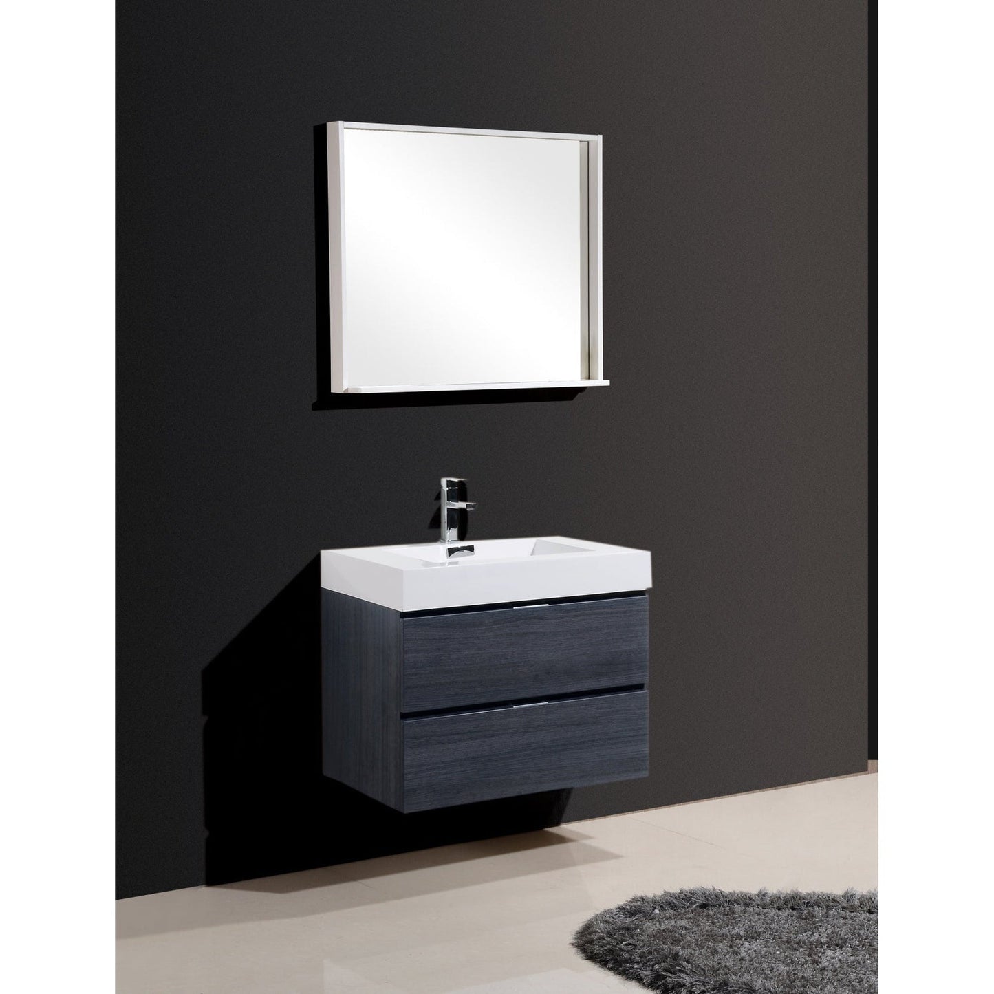 KubeBath Bliss 30" Gray Oak Wall-Mounted Modern Bathroom Vanity With Single Integrated Acrylic Sink With Overflow and Bliss 28" Framed Mirror With Shelf