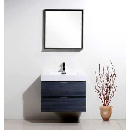 KubeBath Bliss 30" Gray Oak Wall-Mounted Modern Bathroom Vanity With Single Integrated Acrylic Sink With Overflow and Bliss 28" Framed Mirror With Shelf