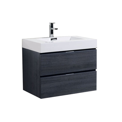 KubeBath Bliss 30" Gray Oak Wall-Mounted Modern Bathroom Vanity With Single Integrated Acrylic Sink With Overflow and Bliss 28" Framed Mirror With Shelf